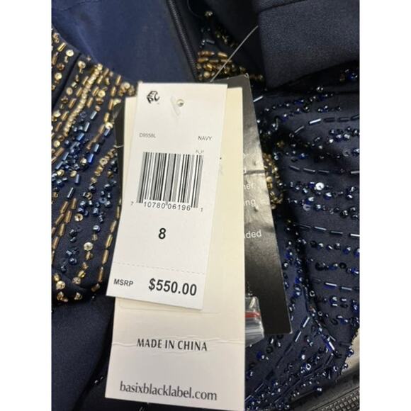 BASIX BLACK LABEL $550 Navy Blue Sequin Accent Crew Neck Maxi Gown 8 - Picture 5 of 5